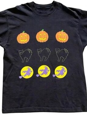 Black Halloween Tee with Orange Pumpkins, Yellow Moons & Purple Witches